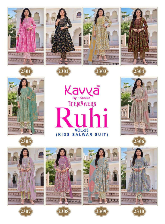 Kavya Suits Ruhi Vol 23 Foil Print Top Bottom Dupatta Set - Amrah Wholesale