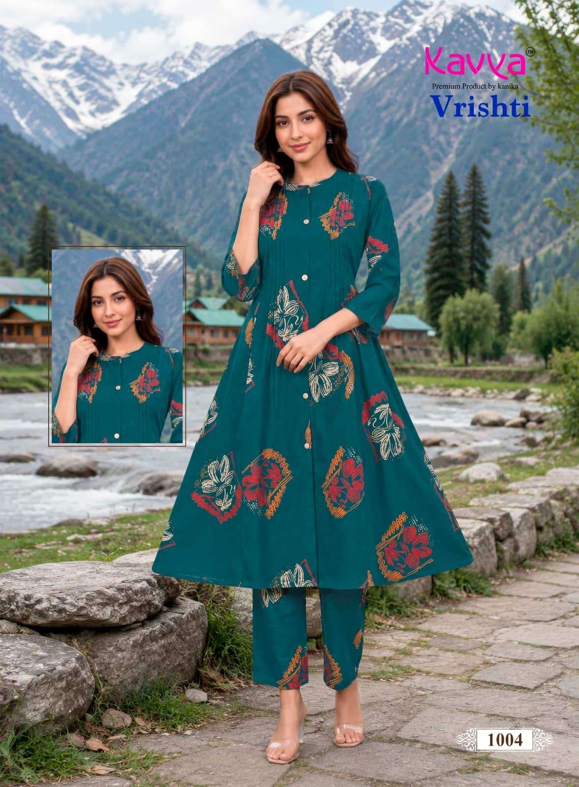 Kavya Vrishti Premium Cotton A-Line Kurti Pant Set