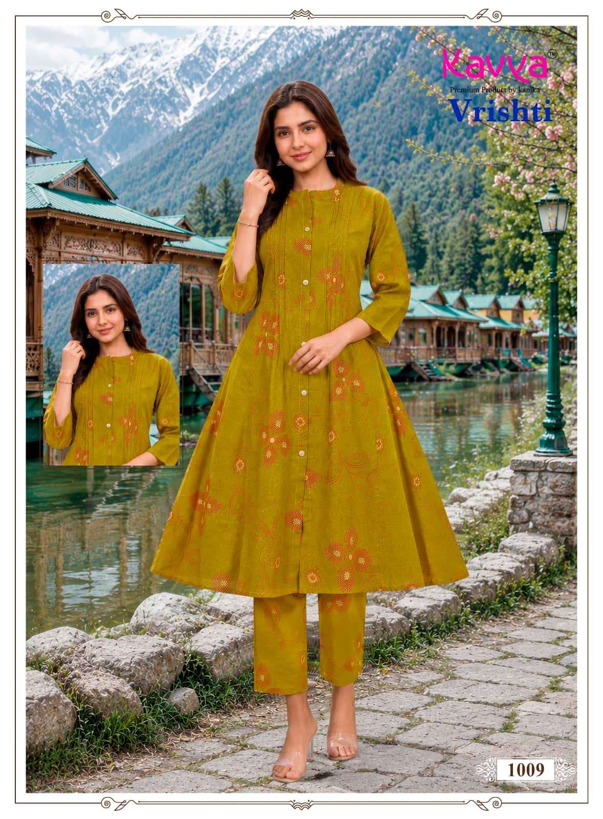 Kavya Vrishti Premium Cotton A-Line Kurti Pant Set
