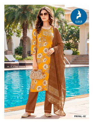 Kaya Priyal Rayon Foil Print Kurti Pant Dupatta Set Wholesale - Amrah Wholesale