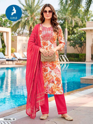 Kaya Priyal Rayon Foil Print Kurti Pant Dupatta Set Wholesale - Amrah Wholesale