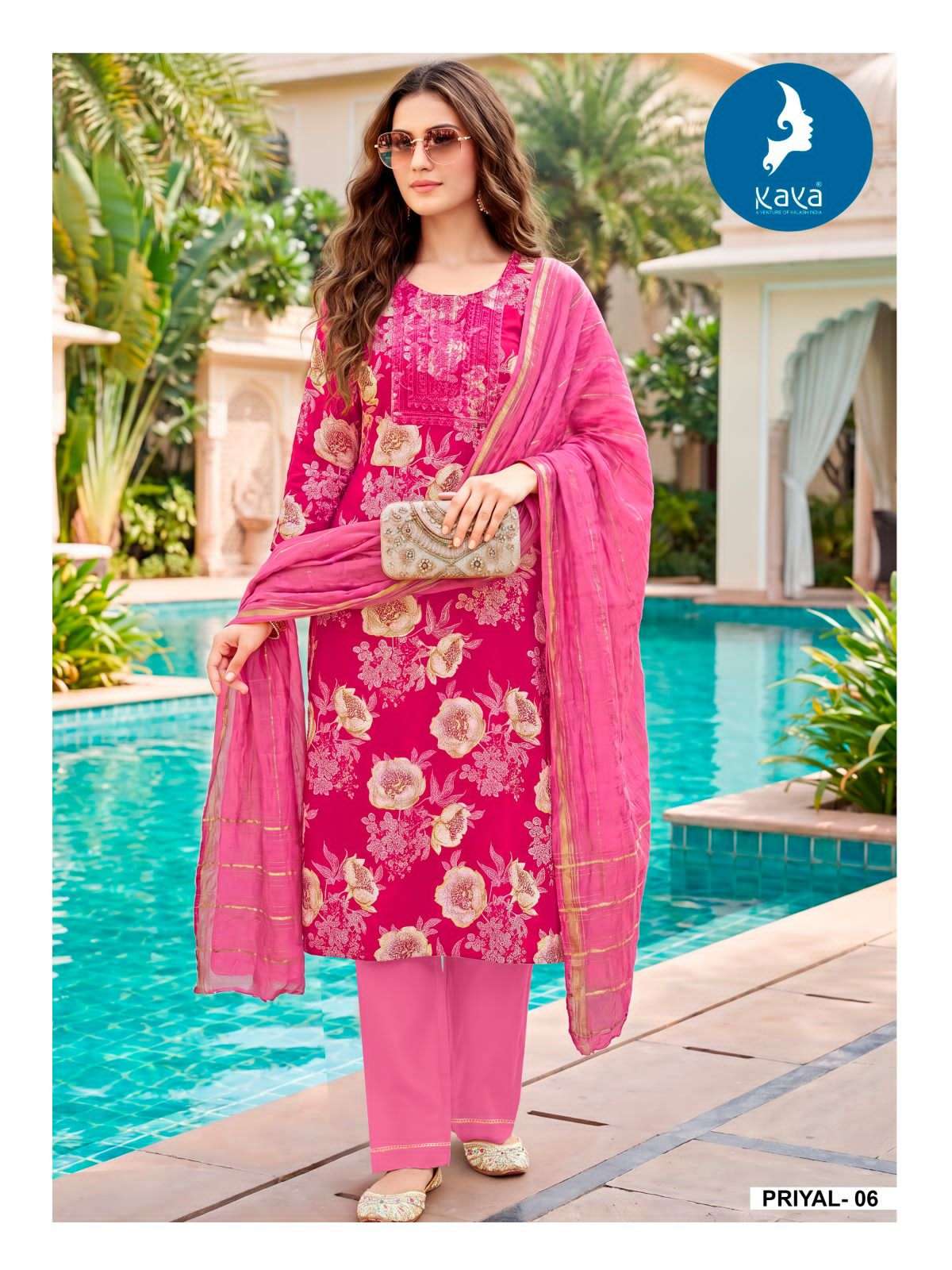 Kaya Priyal Rayon Foil Print Kurti Pant Dupatta Set Wholesale - Amrah Wholesale