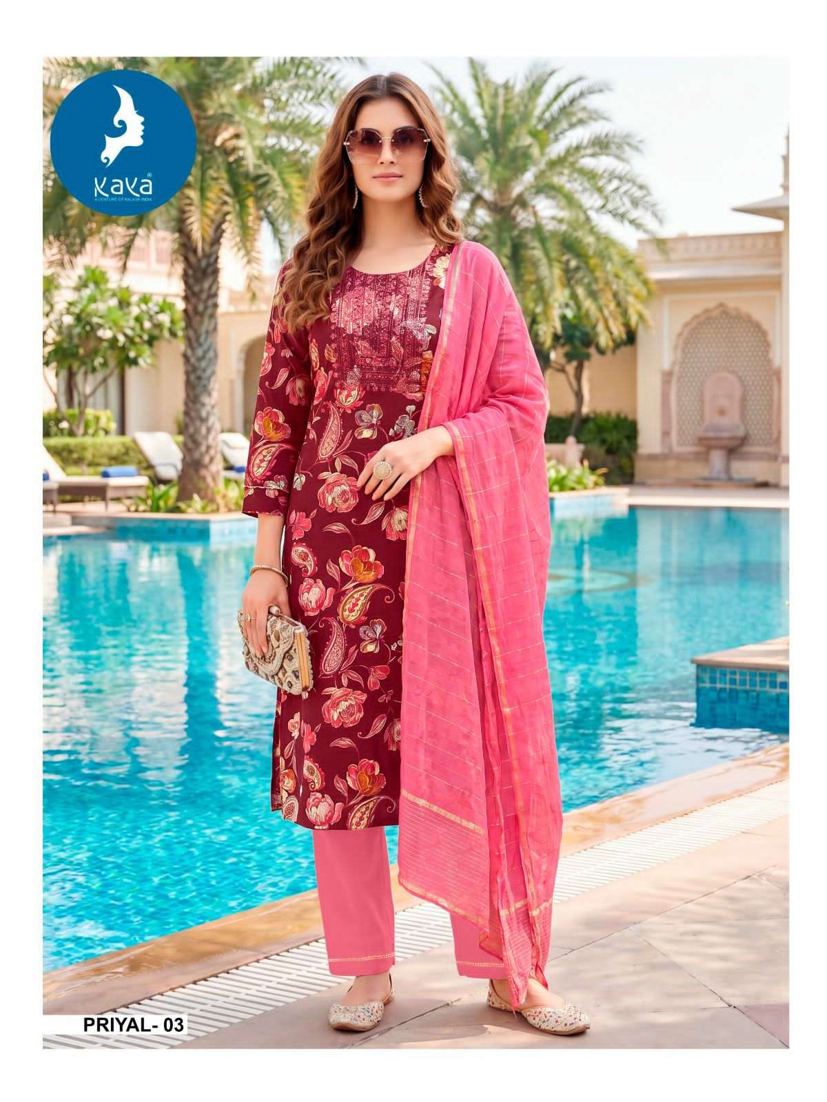 Kaya Priyal Rayon Foil Print Kurti Pant Dupatta Set Wholesale - Amrah Wholesale