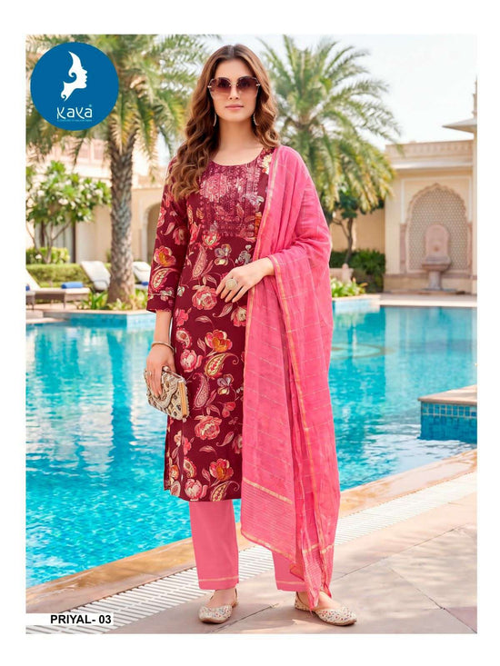 Kaya Priyal Rayon Foil Print Kurti Pant Dupatta Set Wholesale - Amrah Wholesale