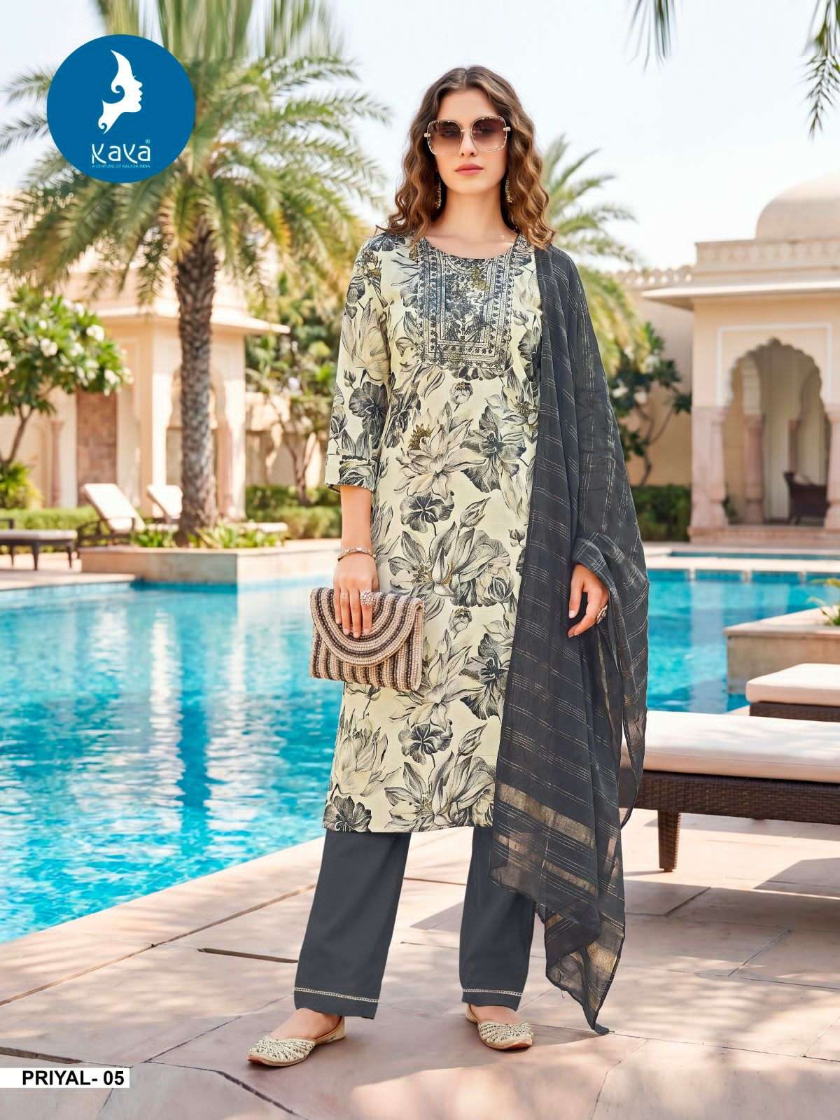 Kaya Priyal Rayon Foil Print Kurti Pant Dupatta Set Wholesale - Amrah Wholesale