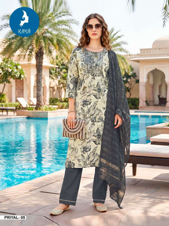 Kaya Priyal Rayon Foil Print Kurti Pant Dupatta Set Wholesale - Amrah Wholesale