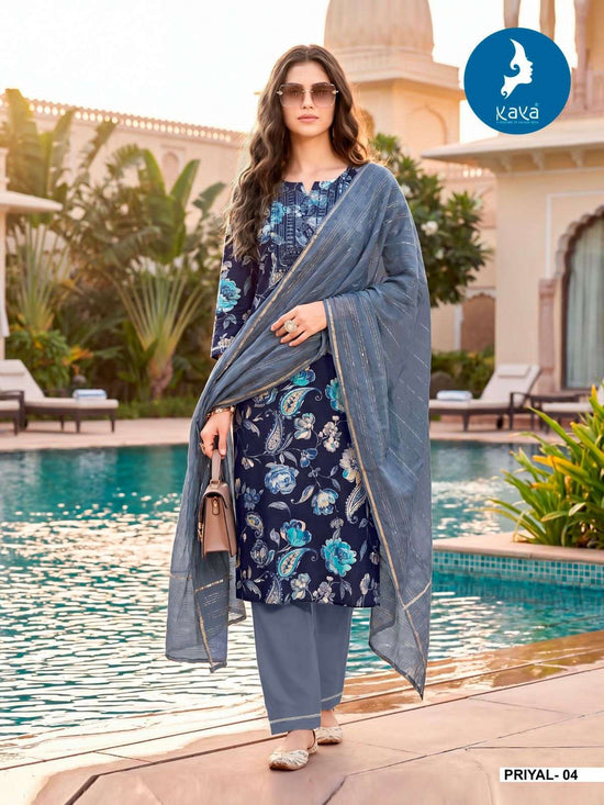 Kaya Priyal Rayon Foil Print Kurti Pant Dupatta Set Wholesale - Amrah Wholesale