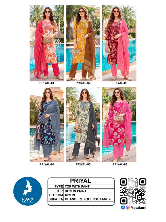 Kaya Priyal Rayon Foil Print Kurti Pant Dupatta Set Wholesale - Amrah Wholesale