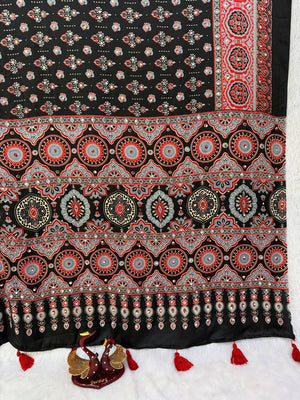 KC 2134 Japan Satin Ajrakh Print Mirror Work Saree