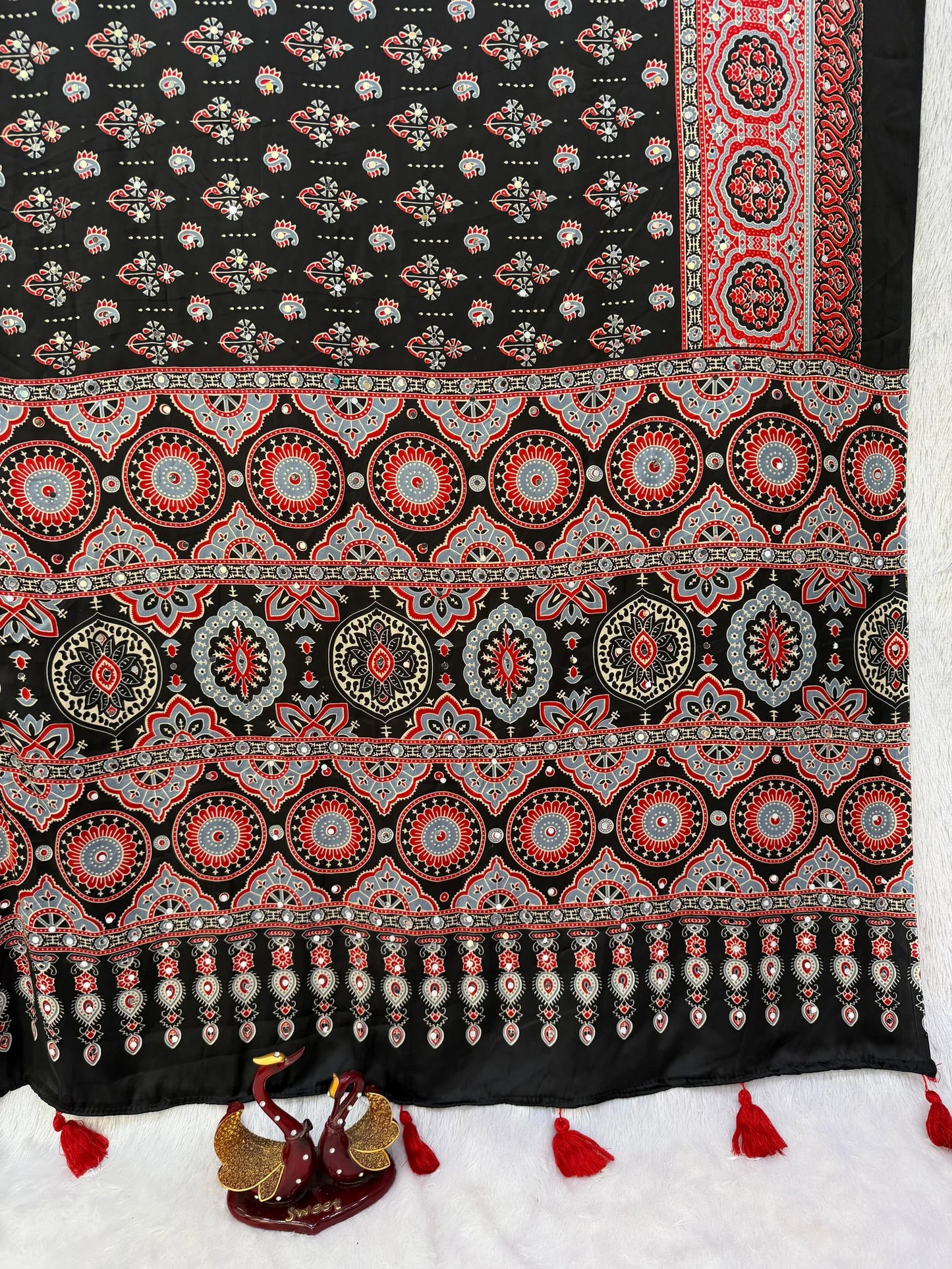 KC 2134 Japan Satin Ajrakh Print Mirror Work Saree