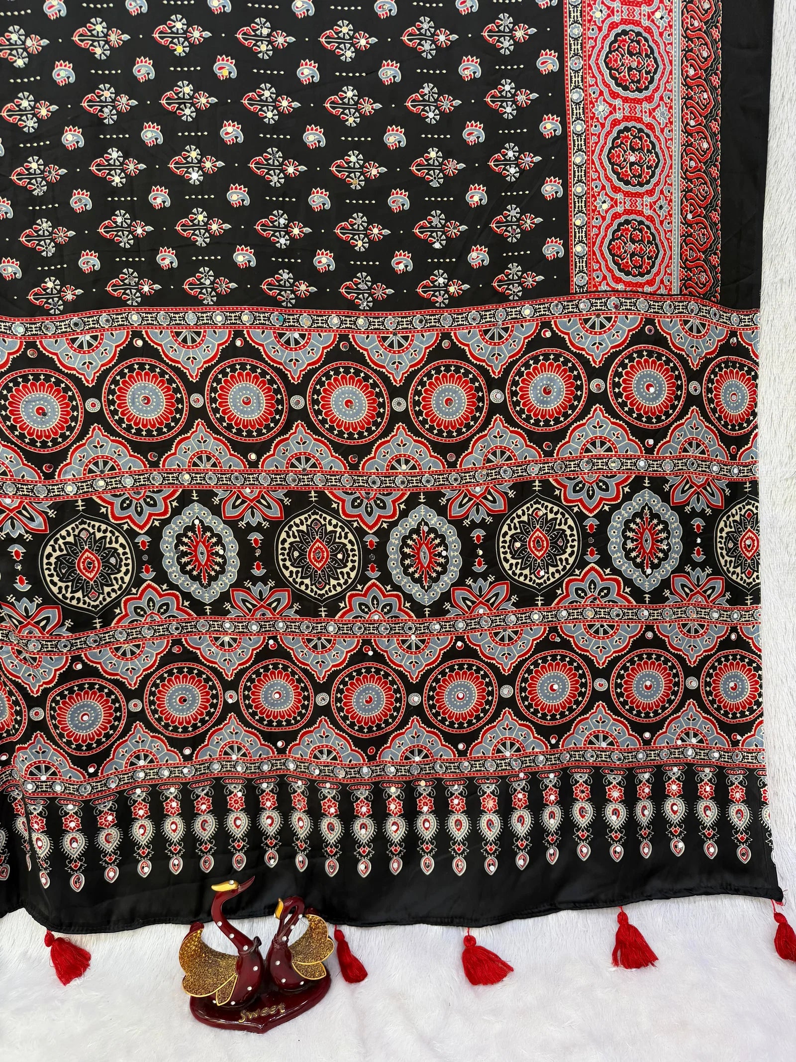 KC 2134 Japan Satin Ajrakh Print Mirror Work Saree