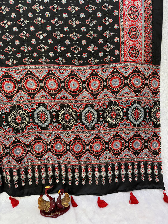 KC 2134 Japan Satin Ajrakh Print Mirror Work Saree