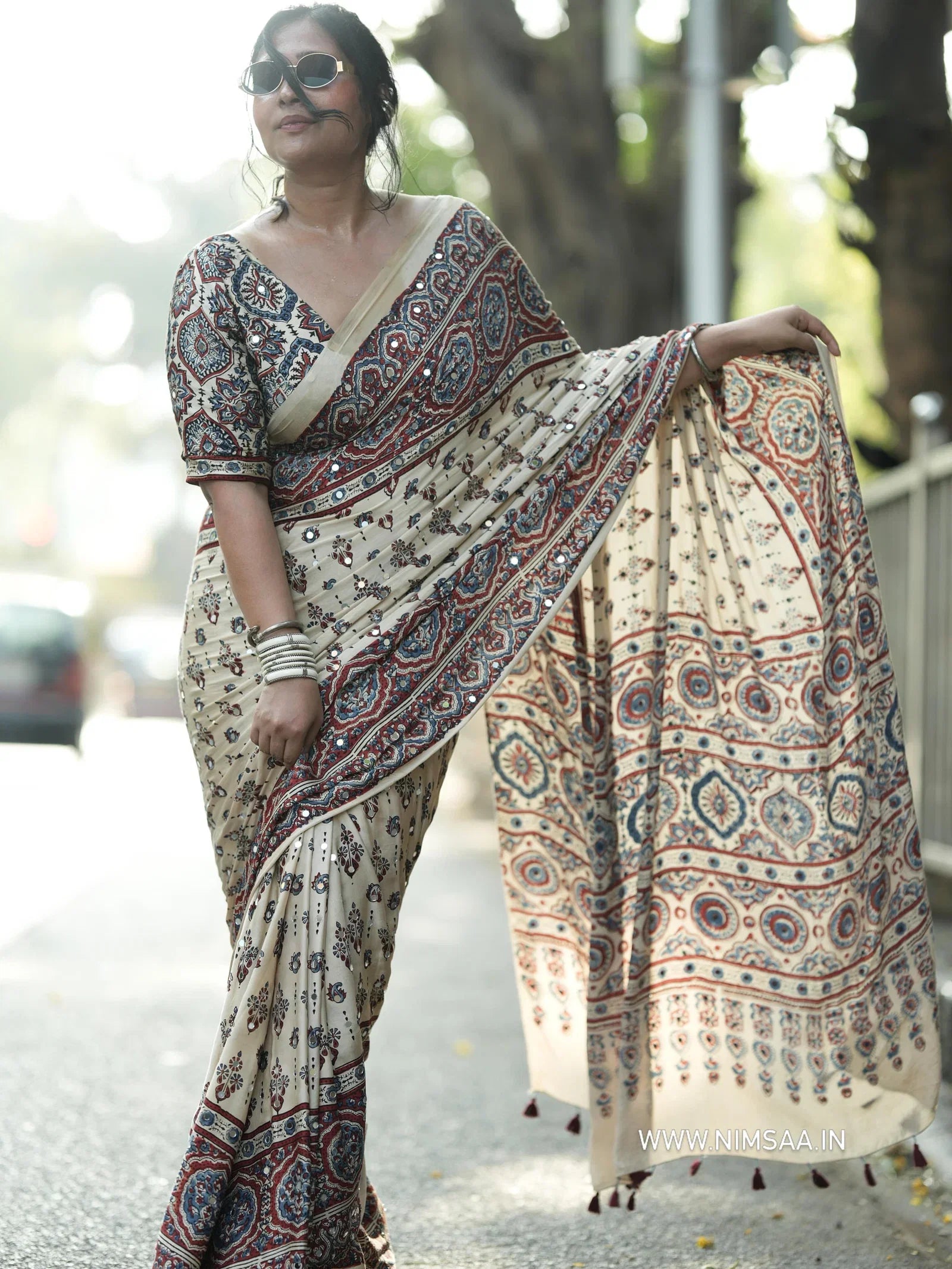 KC 2134 Japan Satin Ajrakh Print Mirror Work Saree