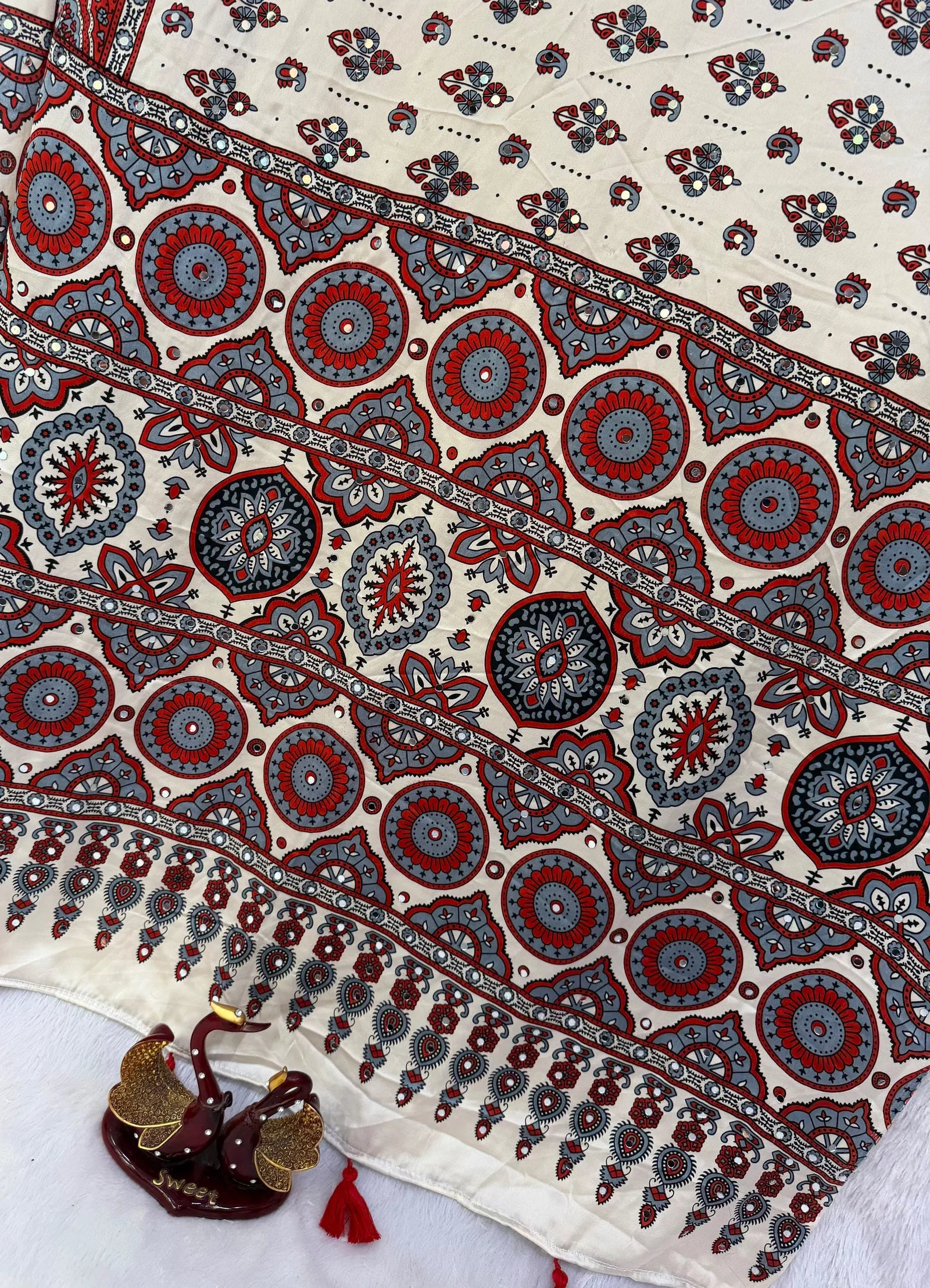 KC 2134 Japan Satin Ajrakh Print Mirror Work Saree