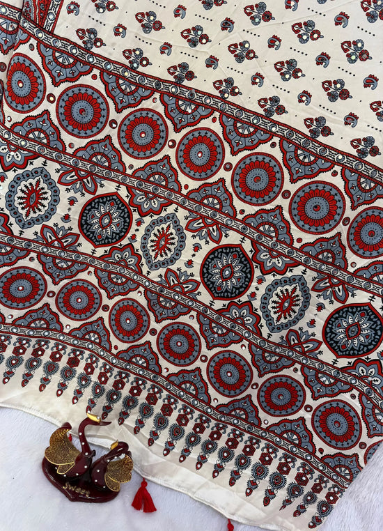 KC 2134 Japan Satin Ajrakh Print Mirror Work Saree