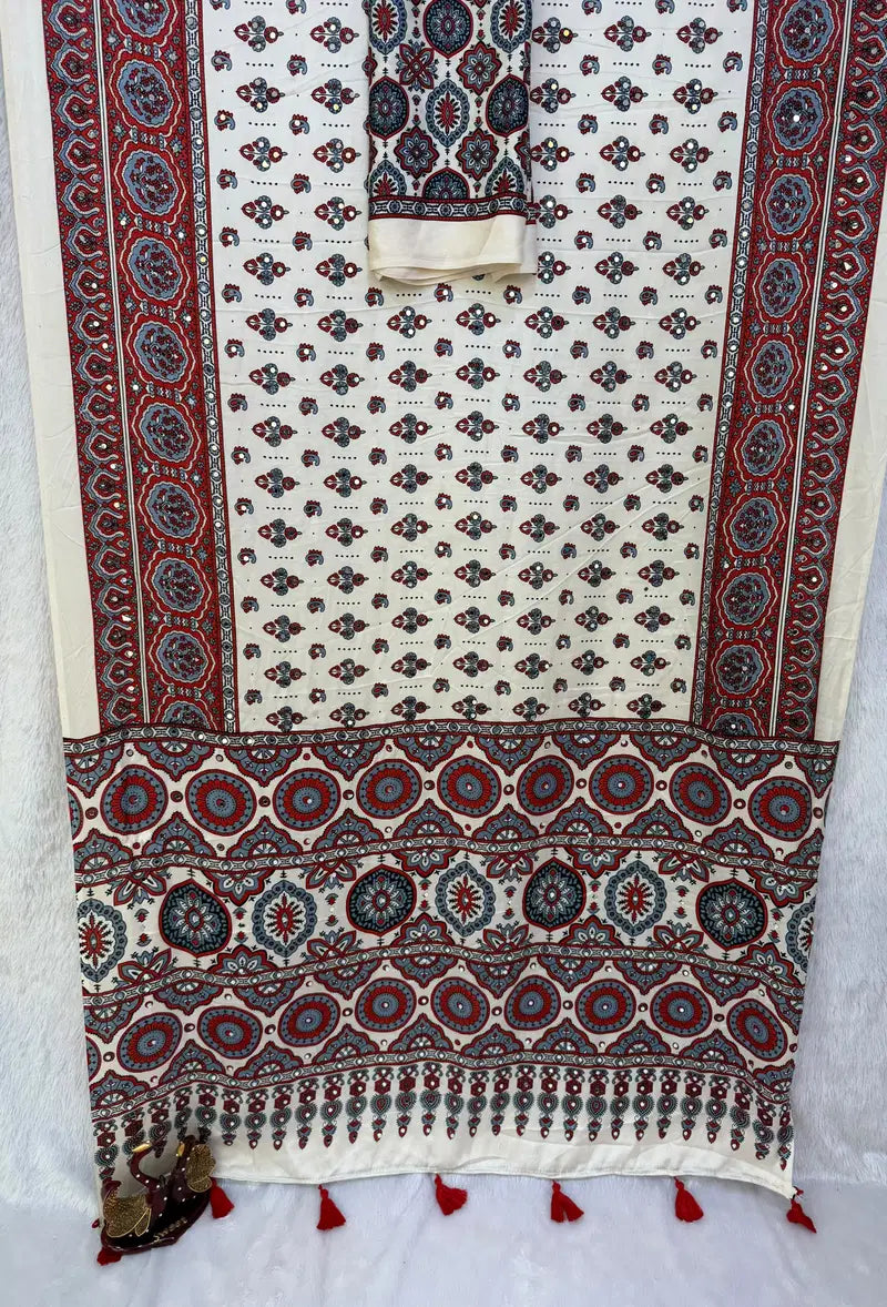 KC 2134 Japan Satin Ajrakh Print Mirror Work Saree