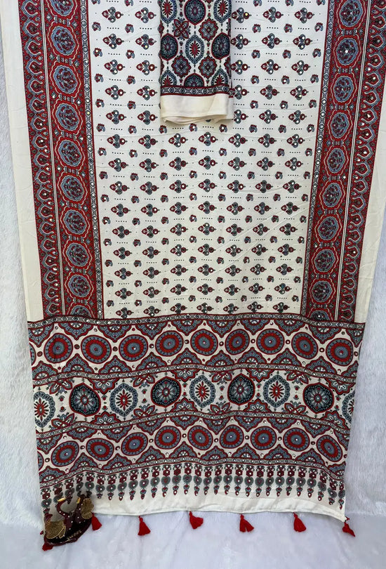 KC 2134 Japan Satin Ajrakh Print Mirror Work Saree