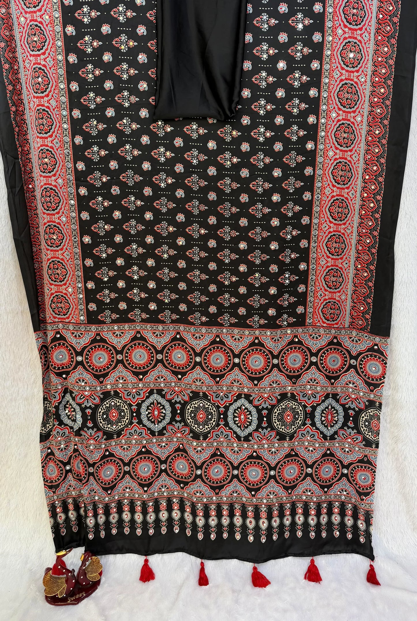 KC 2134 Japan Satin Ajrakh Print Mirror Work Saree