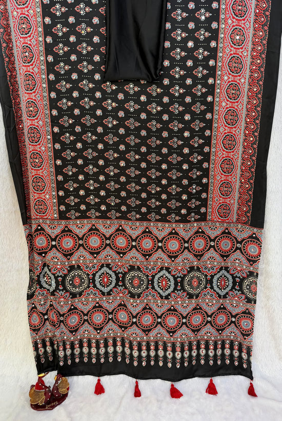 KC 2134 Japan Satin Ajrakh Print Mirror Work Saree