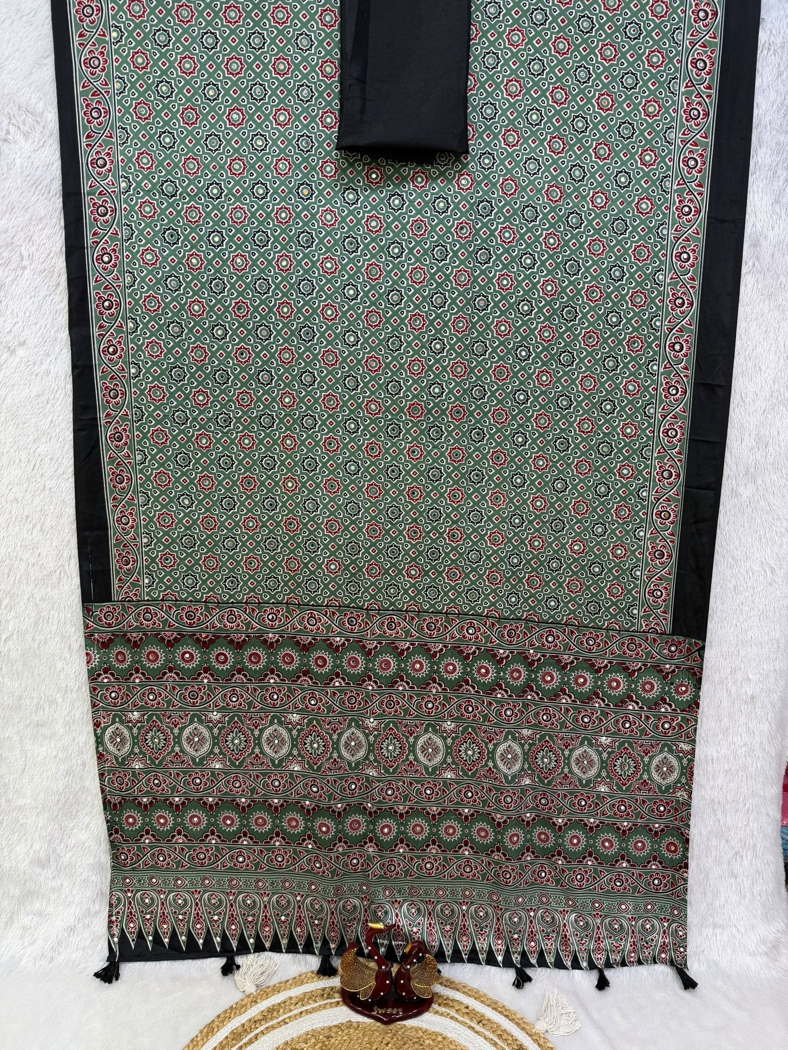 KC 2140 Soft Satin Crepe Ajrakh Printed Mirror Work Saree - Amrah Wholesale