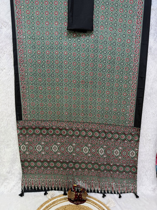 KC 2140 Soft Satin Crepe Ajrakh Printed Mirror Work Saree - Amrah Wholesale