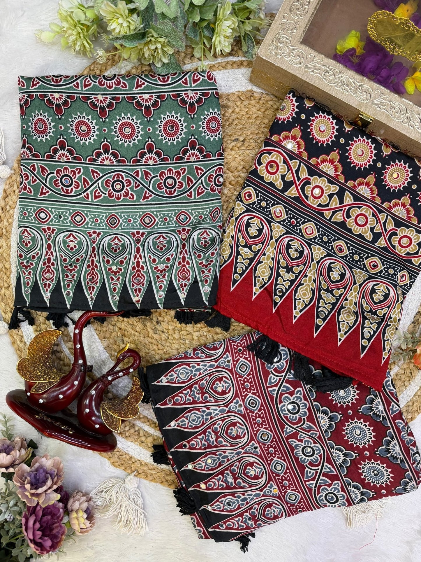 KC 2140 Soft Satin Crepe Ajrakh Printed Mirror Work Saree - Amrah Wholesale