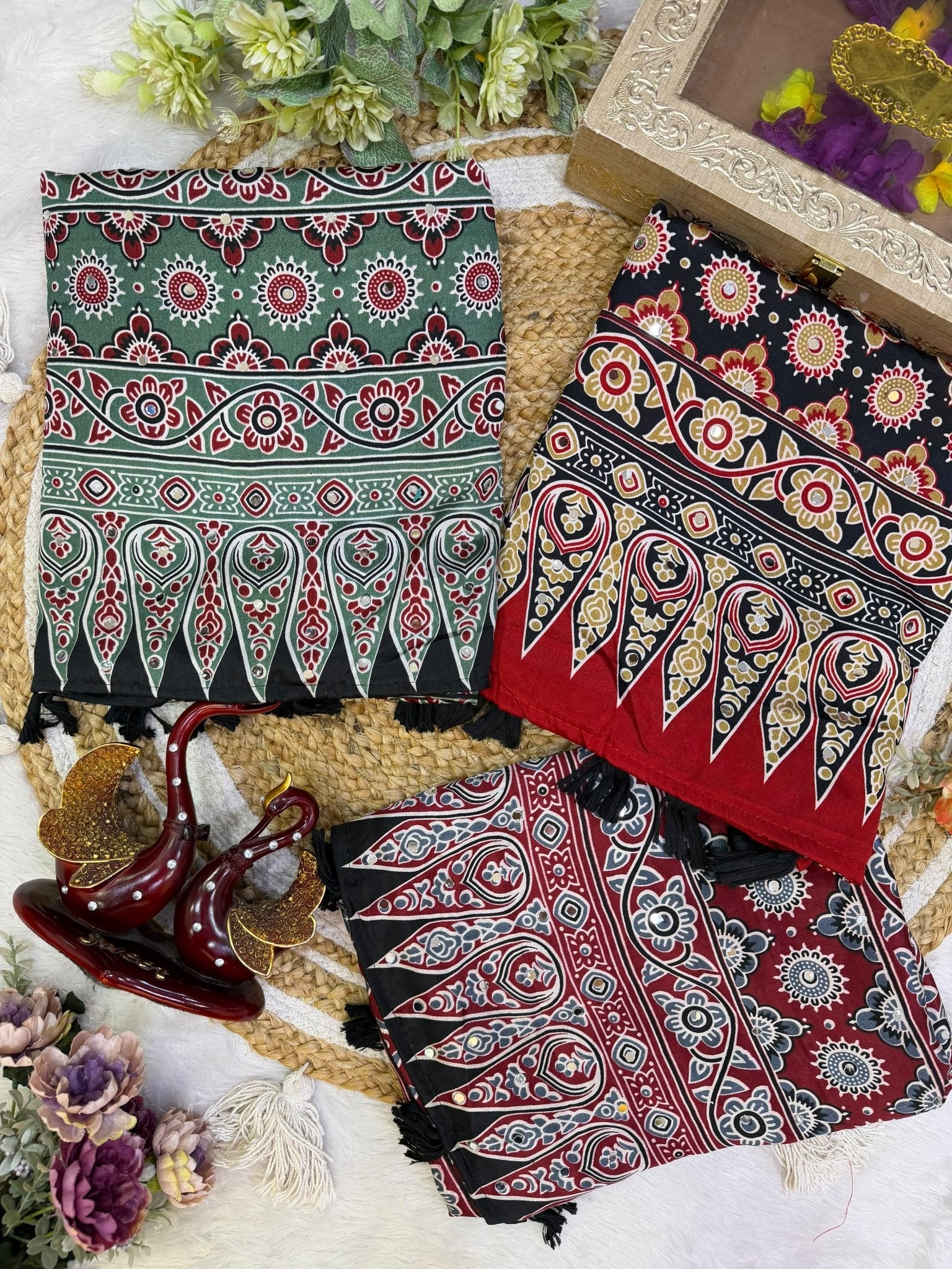 KC 2140 Soft Satin Crepe Ajrakh Printed Mirror Work Saree - Amrah Wholesale
