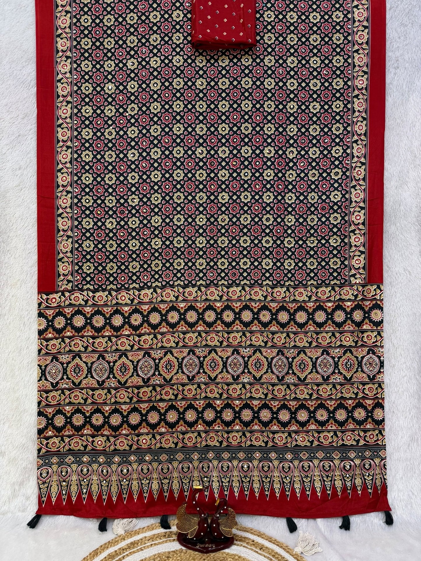 KC 2140 Soft Satin Crepe Ajrakh Printed Mirror Work Saree - Amrah Wholesale