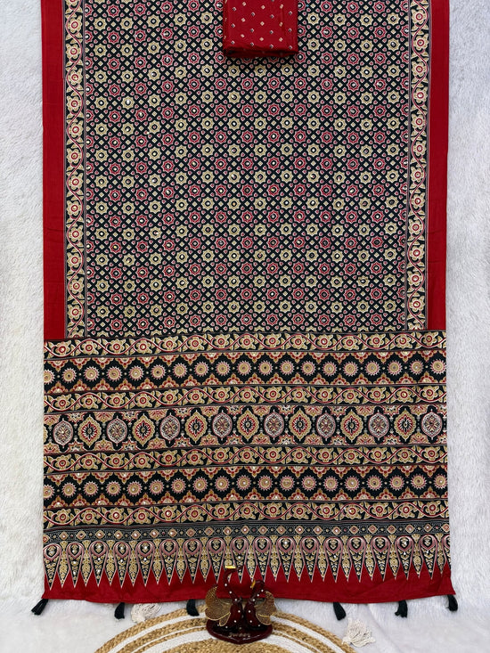 KC 2140 Soft Satin Crepe Ajrakh Printed Mirror Work Saree - Amrah Wholesale