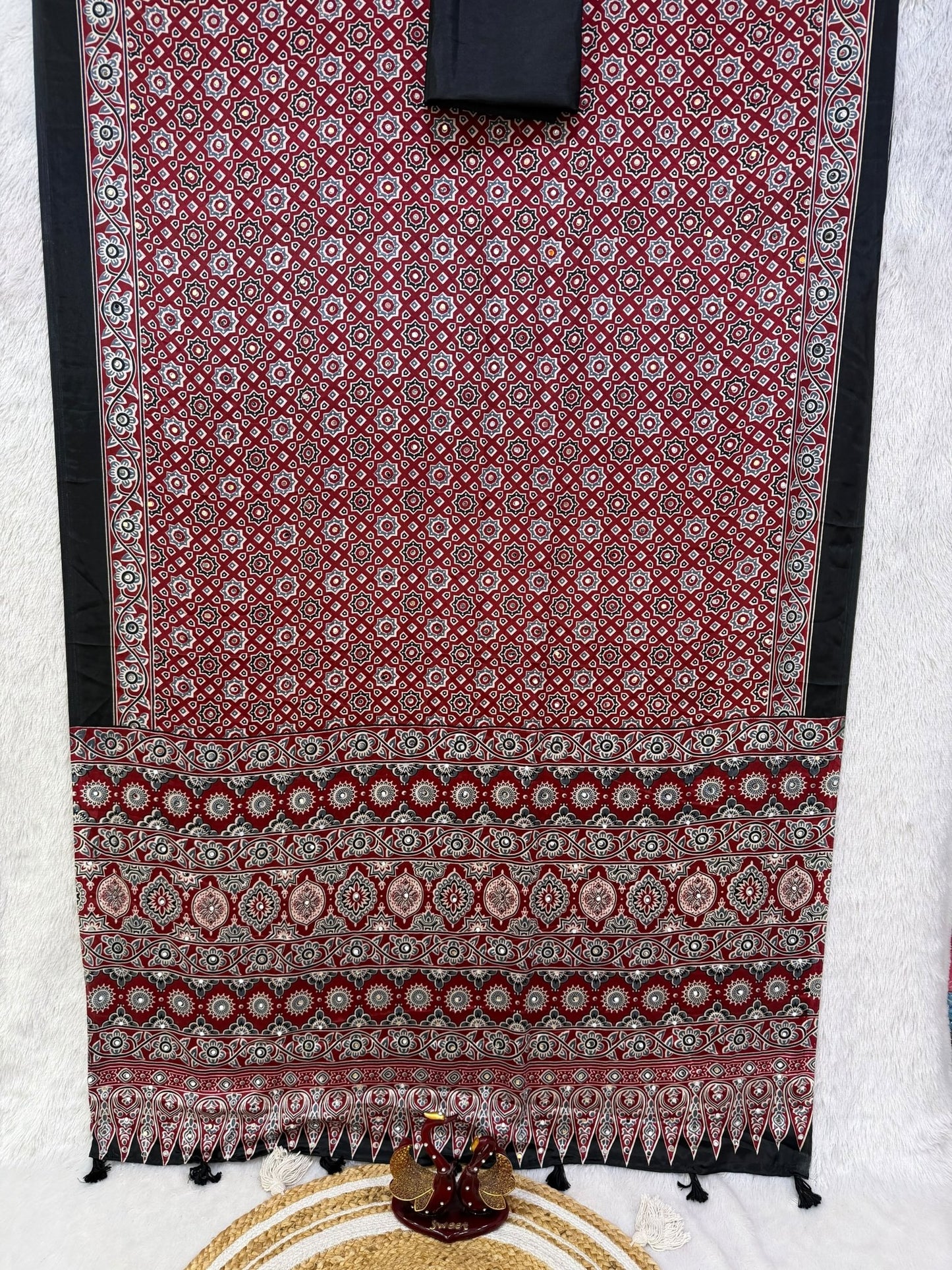 KC 2140 Soft Satin Crepe Ajrakh Printed Mirror Work Saree - Amrah Wholesale