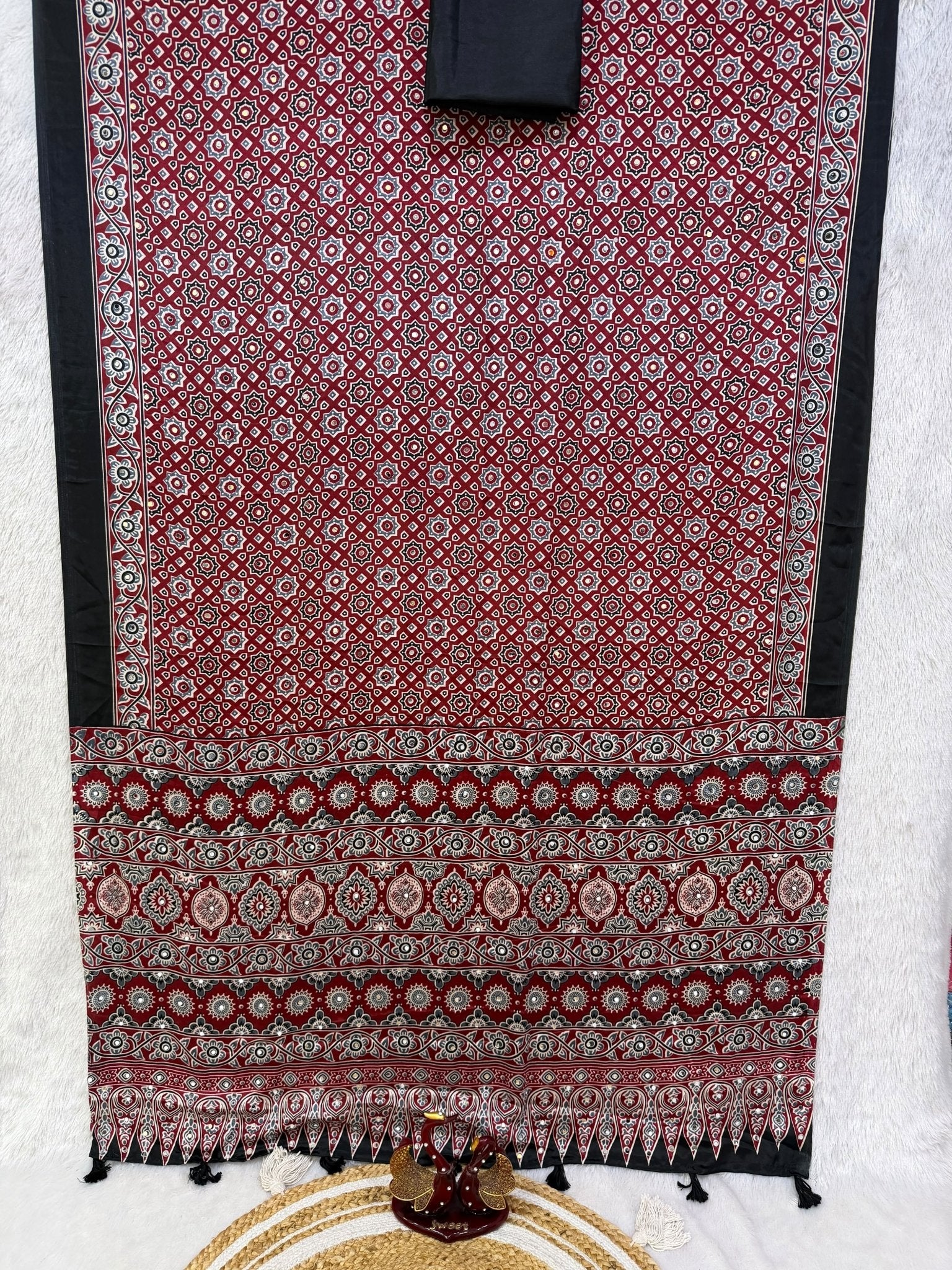 KC 2140 Soft Satin Crepe Ajrakh Printed Mirror Work Saree - Amrah Wholesale