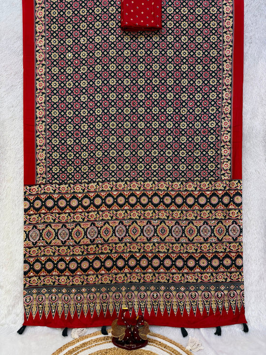 KC 2140 Soft Satin Crepe Ajrakh Printed Mirror Work Saree