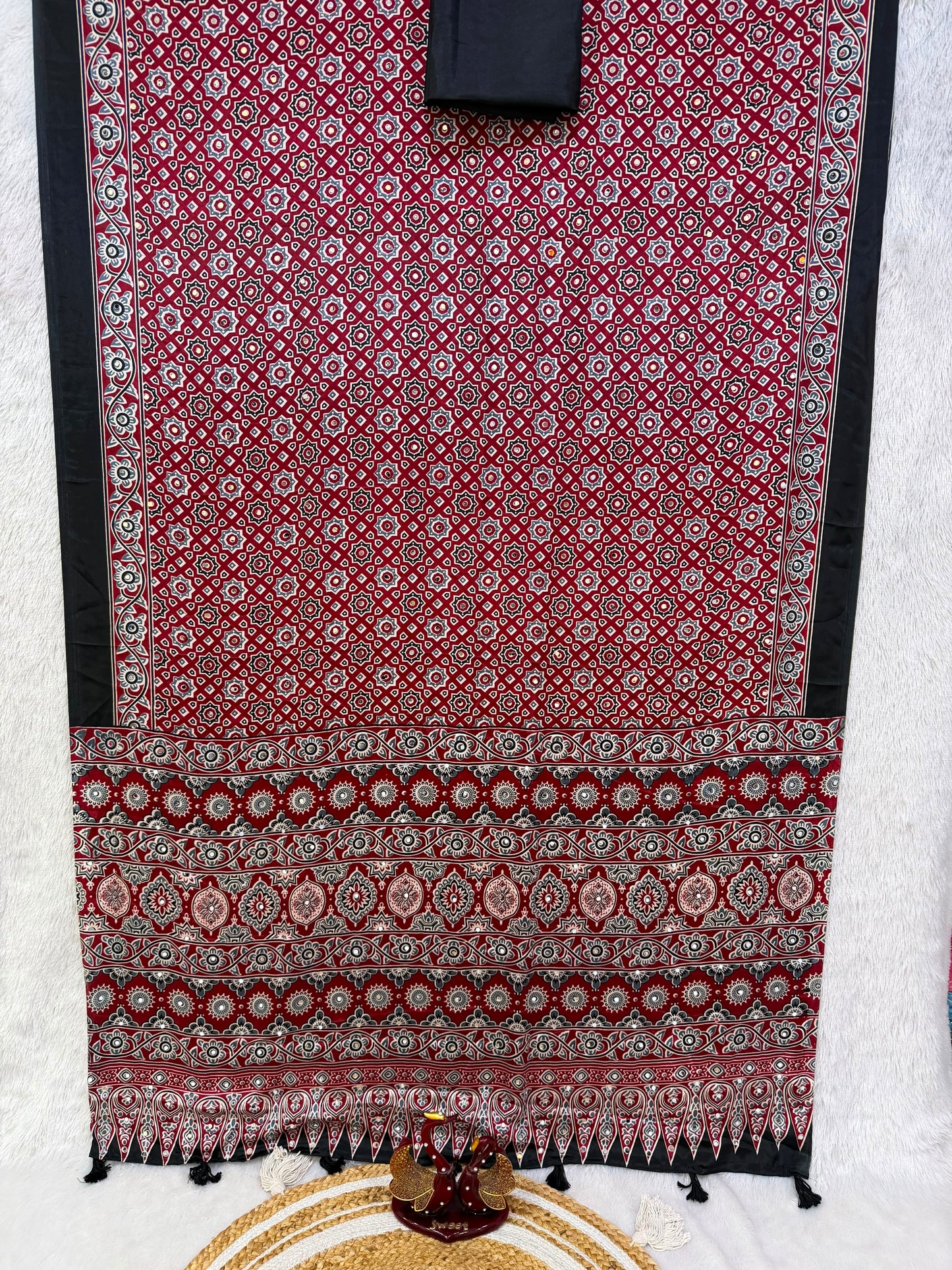 KC 2140 Soft Satin Crepe Ajrakh Printed Mirror Work Saree