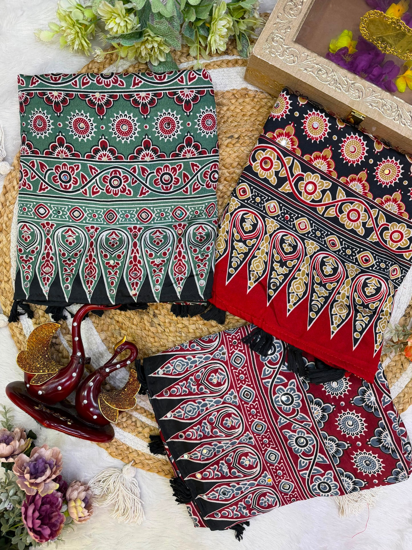 KC 2140 Soft Satin Crepe Ajrakh Printed Mirror Work Saree