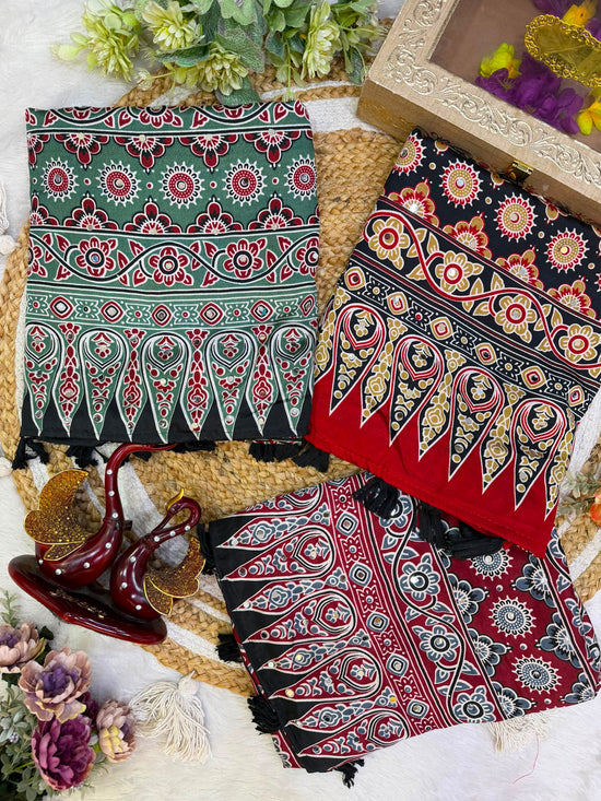 KC 2140 Soft Satin Crepe Ajrakh Printed Mirror Work Saree