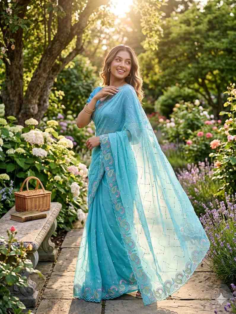 Amrah Wholesale KC 411 Pure Chiffon Sequins Embroidered Designer Saree