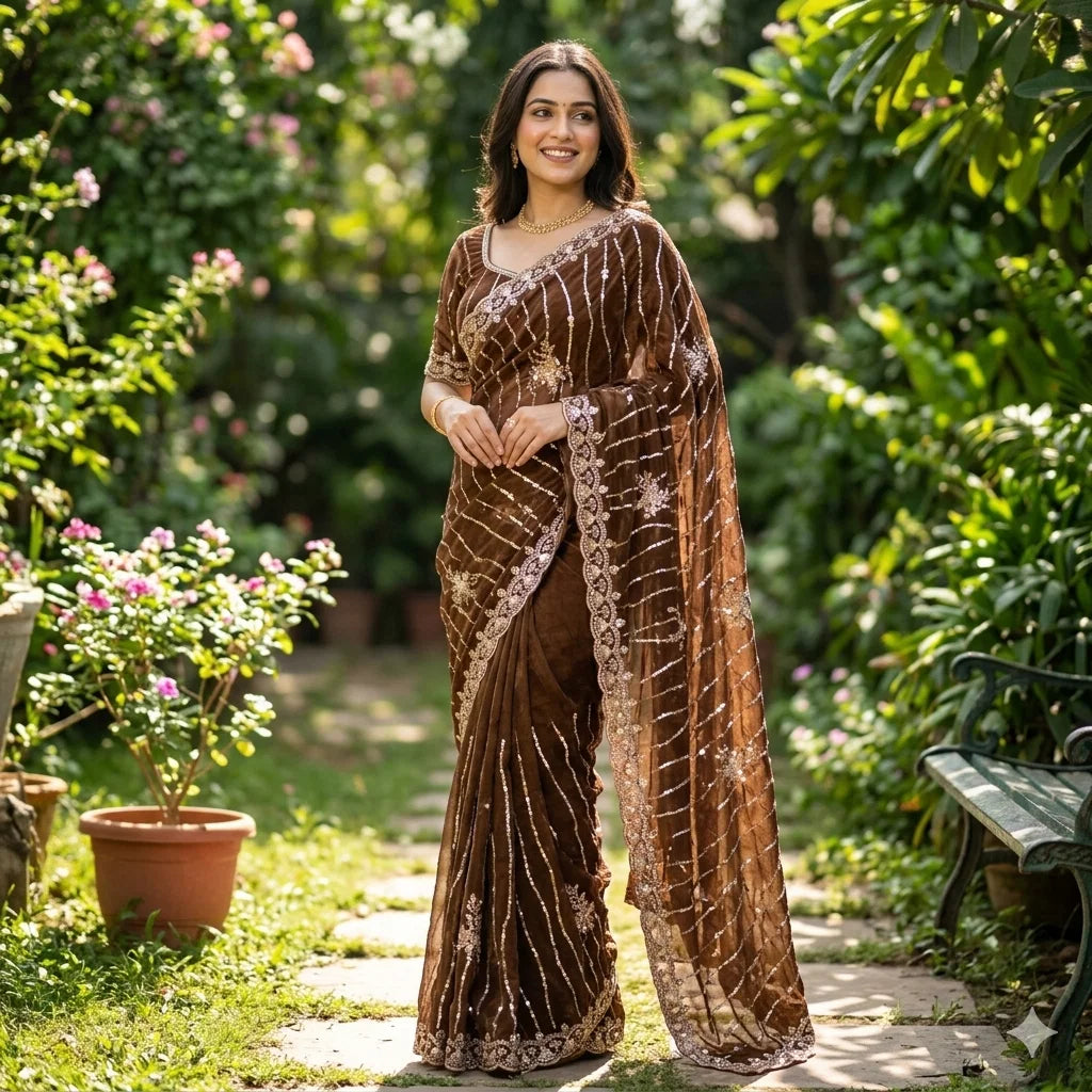 KC 942 NC Moss Silk Sequence Handwork Saree