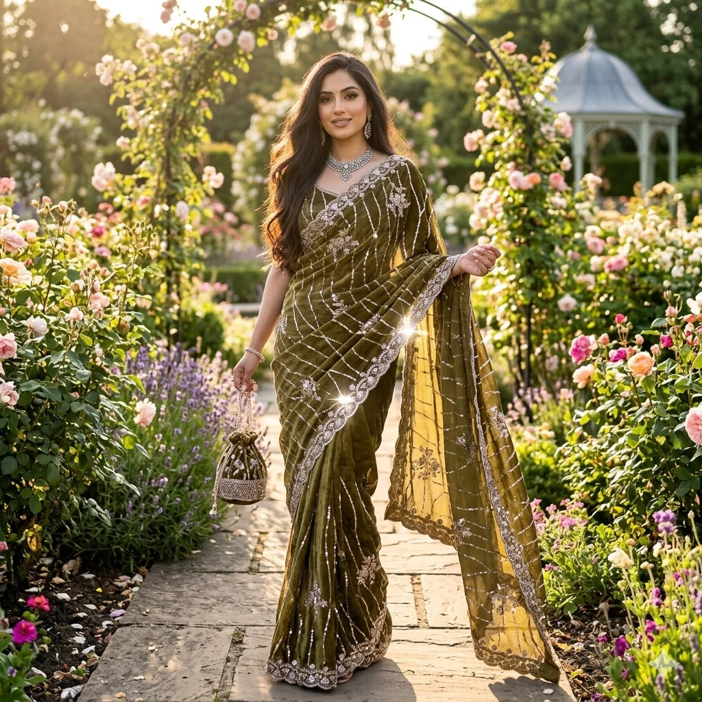 KC 942 NC Moss Silk Sequence Handwork Saree