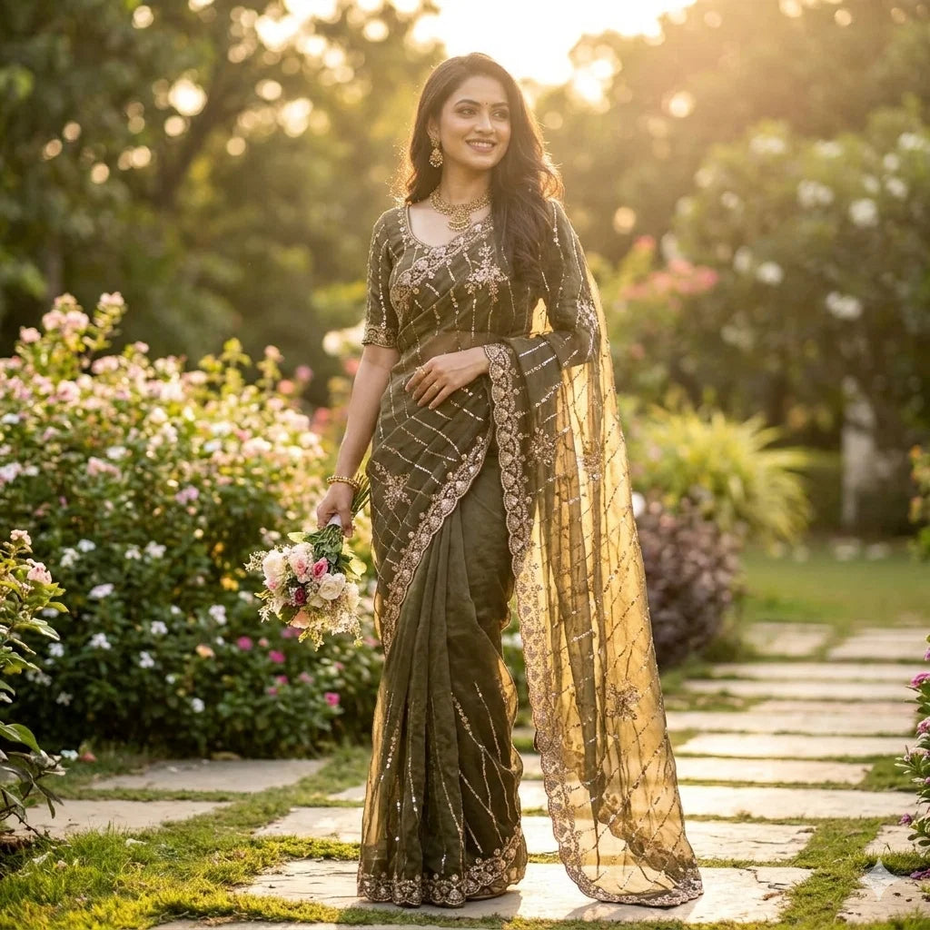 KC 942 NC Moss Silk Sequence Handwork Saree