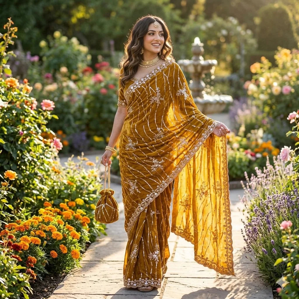 KC 942 NC Moss Silk Sequence Handwork Saree