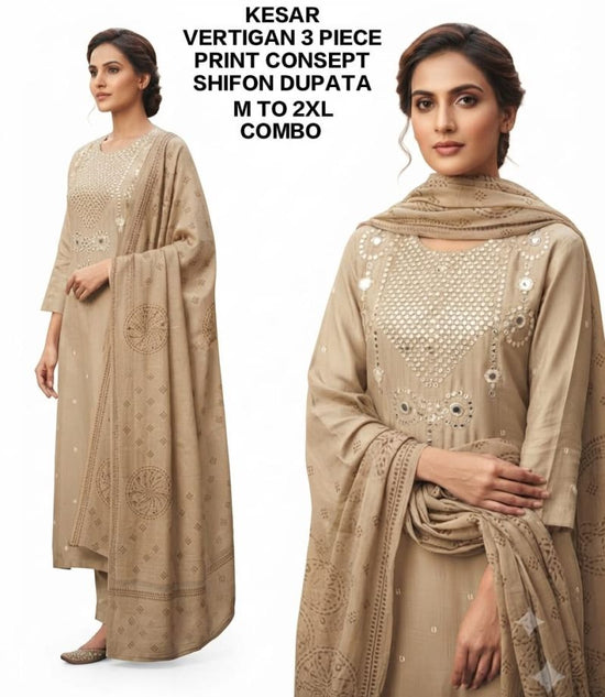 Kesar Combo Vertican Printed Mirror Embroidered Kurti Pant Dupatta Set