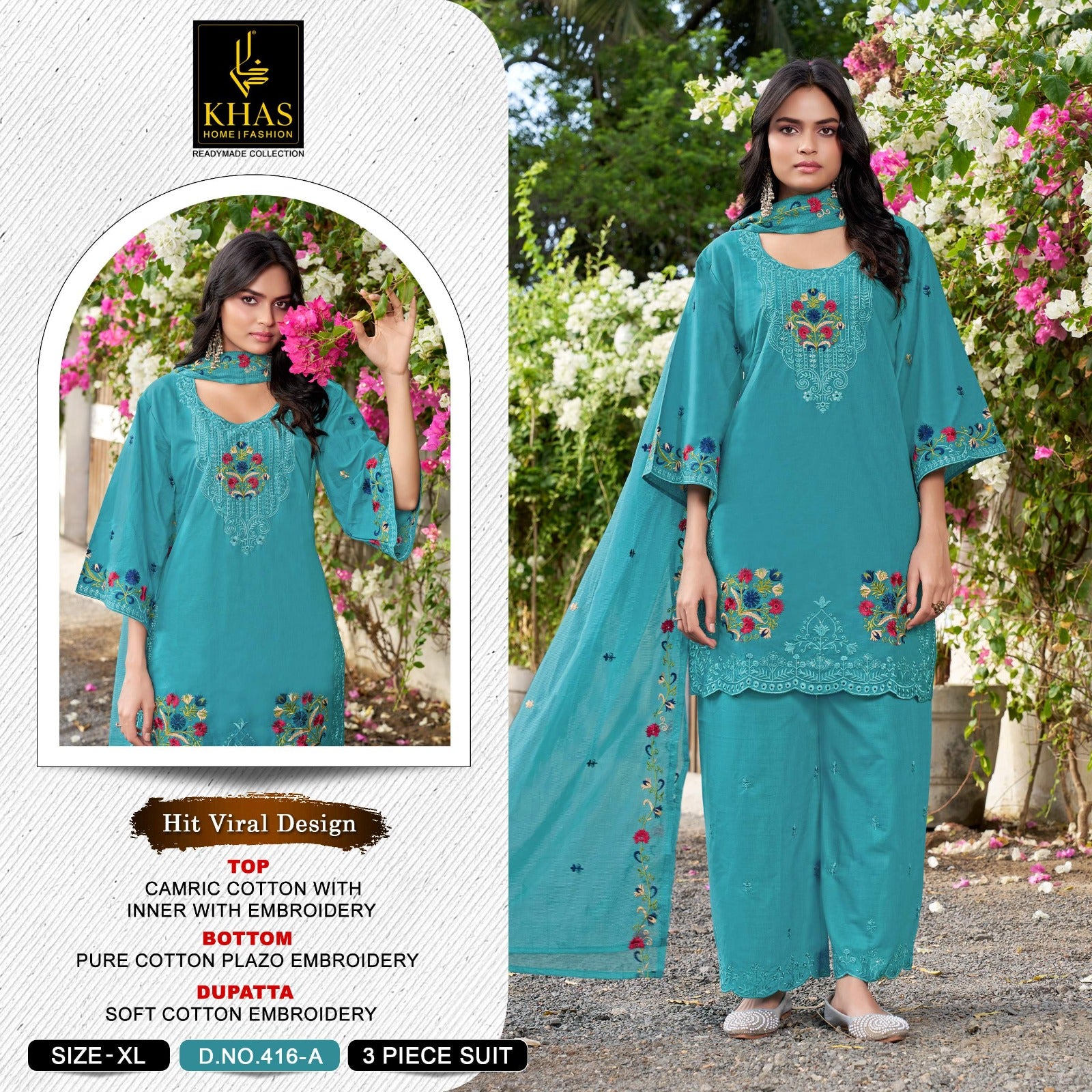 Khas 416 A To D Cambric Cotton Embroidered Salwar Suit Set