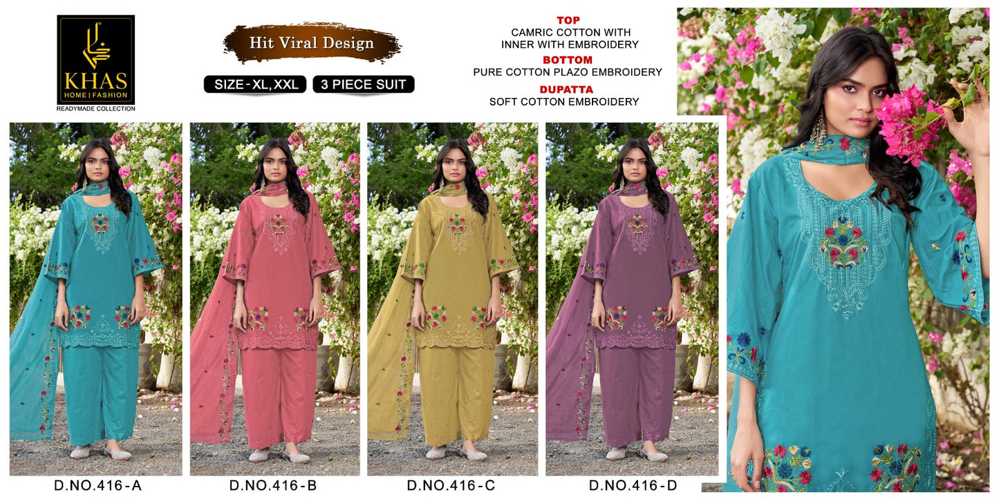 Khas 416 A To D Cambric Cotton Embroidered Salwar Suit Set