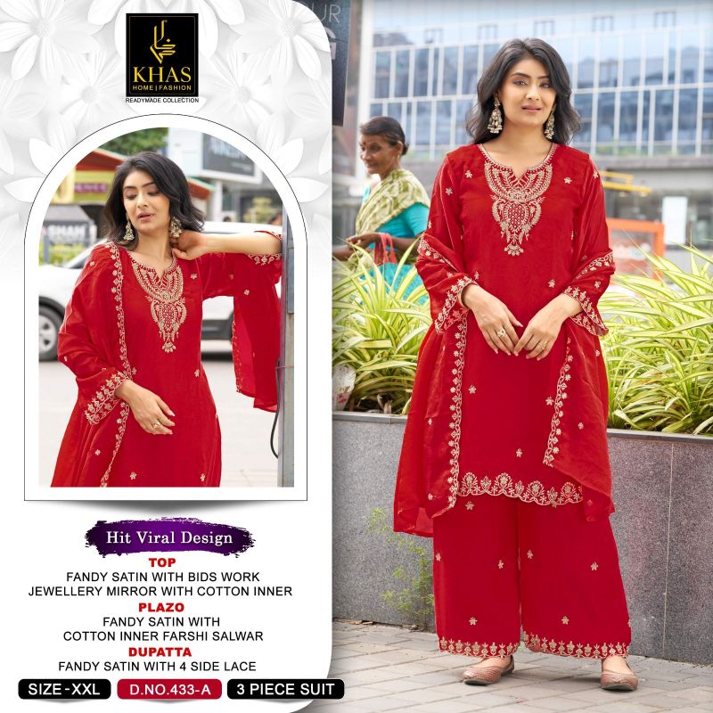 Khas 433 A And B Fancy Satin Beads Embroidered Stitched Pakistani Suit