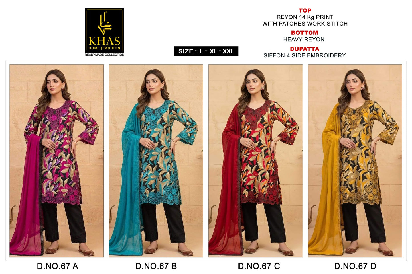 Khas 67 A To D Readymade Rayon Embroidered Salwar Suit Set