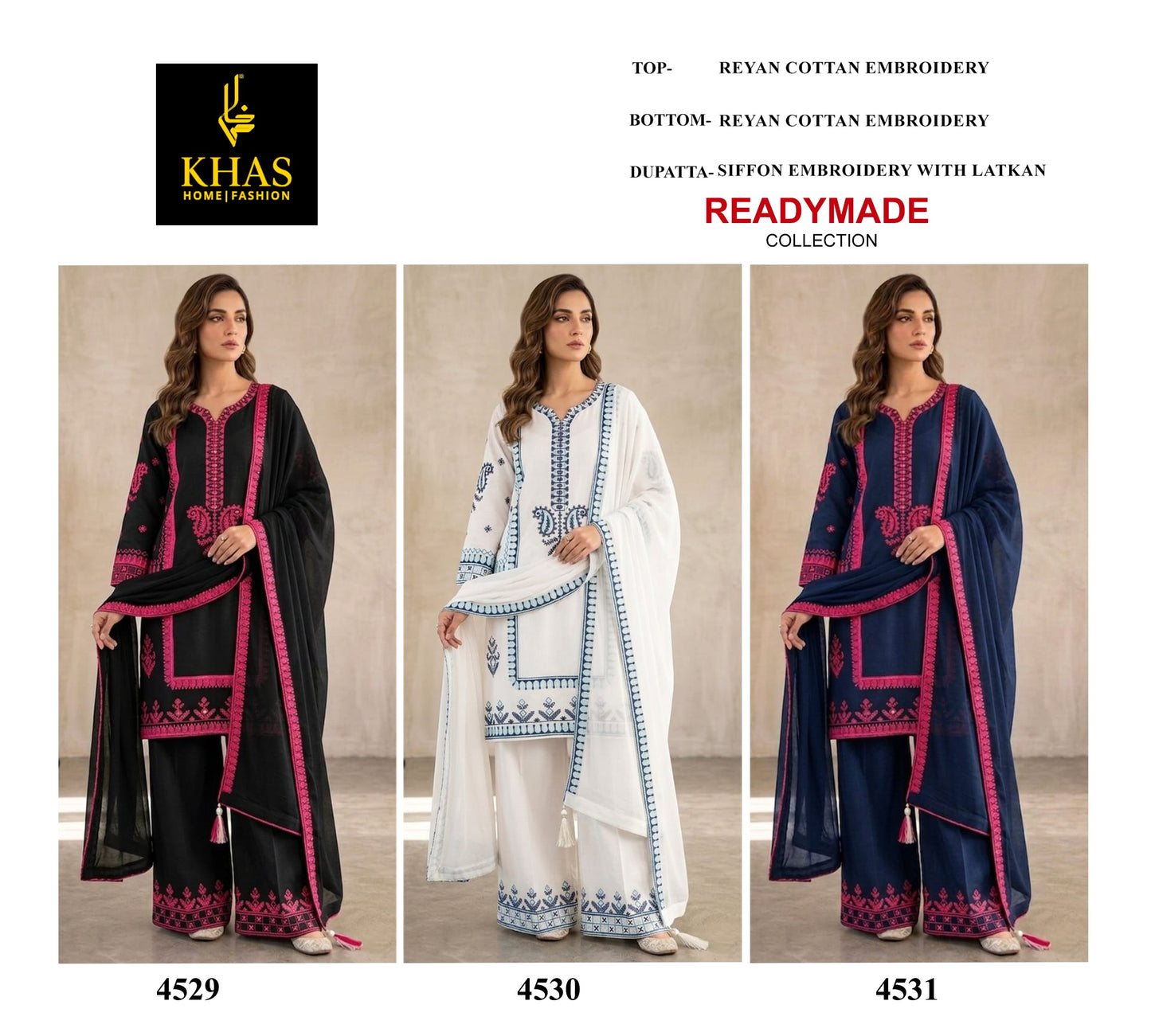 Khas Fashion 4529 TO 4531 Rayon Embroidered Salwar Suit Set