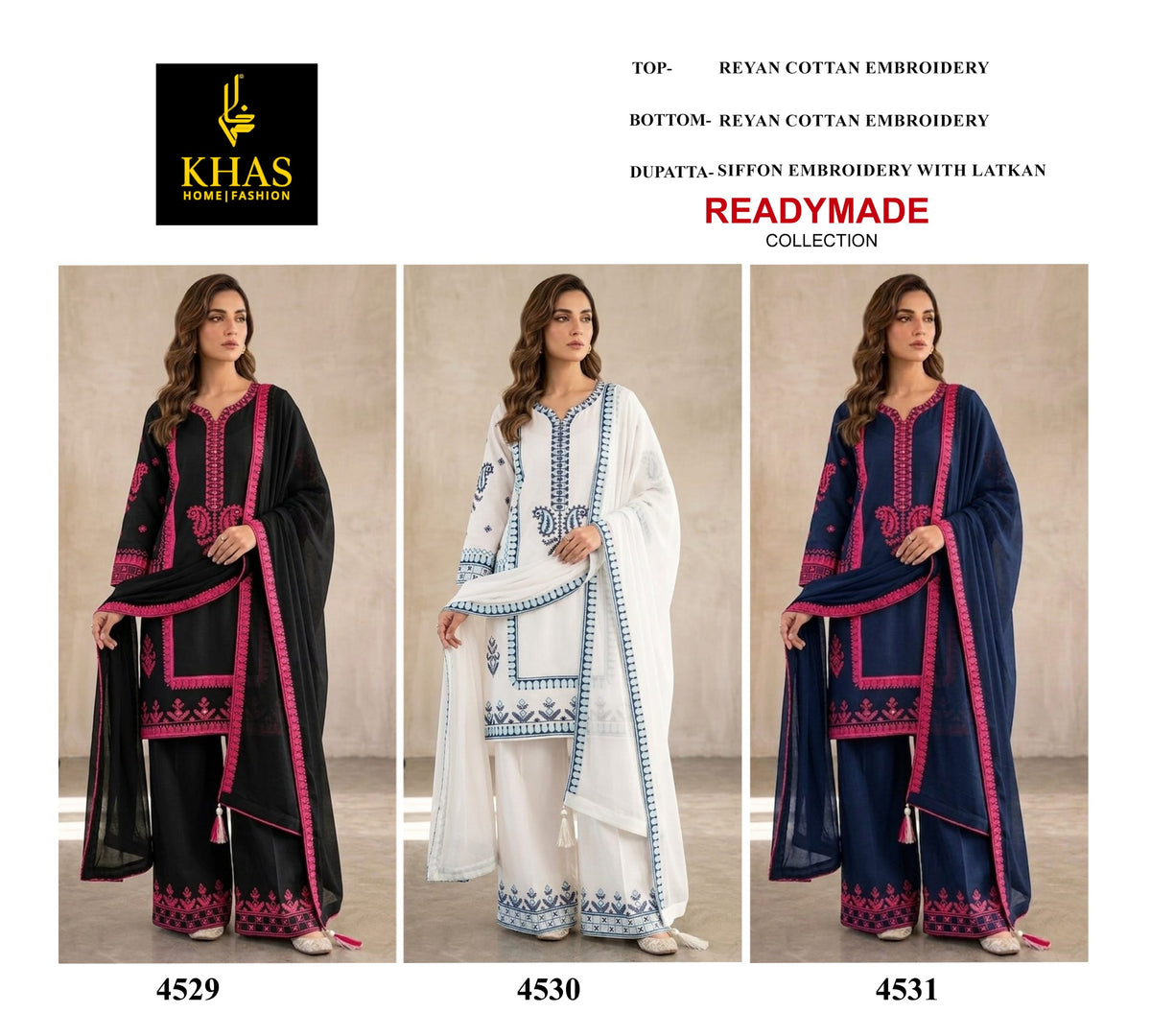 Khas Fashion 4529 TO 4531 Rayon Embroidered Salwar Suit Set