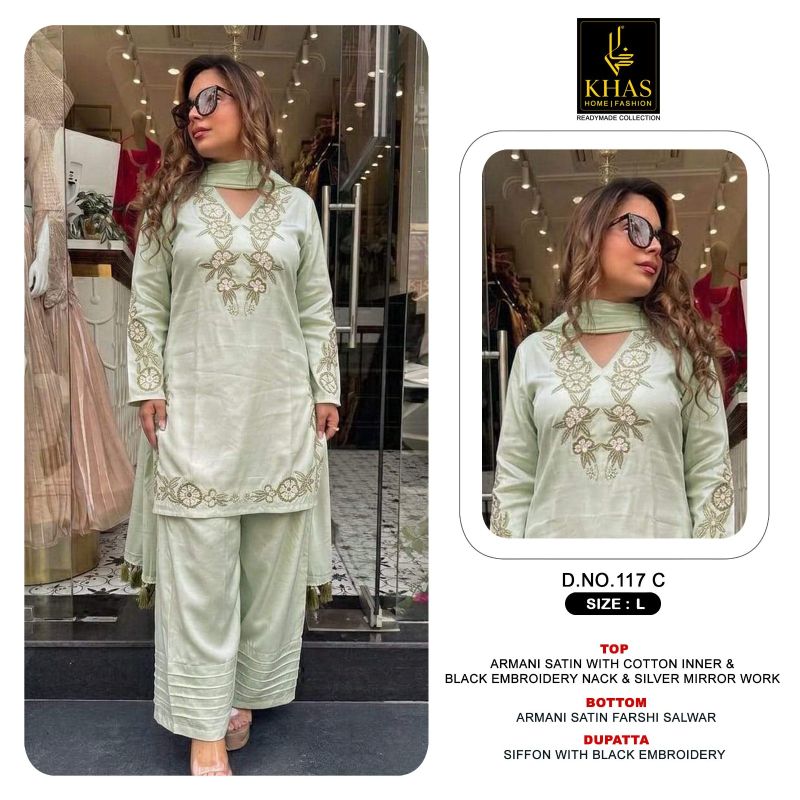 Khas Fashion Khas 117 A To C Armani Satin Embroidered Pakistani Suit