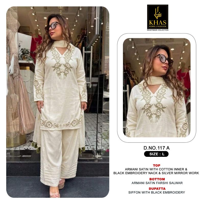 Khas Fashion Khas 117 A To C Armani Satin Embroidered Pakistani Suit