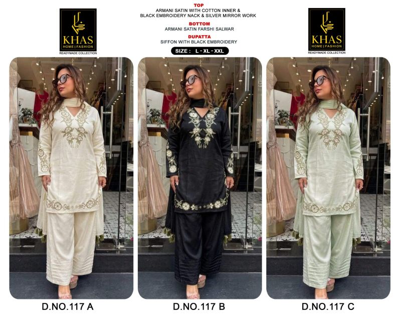Khas Fashion Khas 117 A To C Armani Satin Embroidered Pakistani Suit